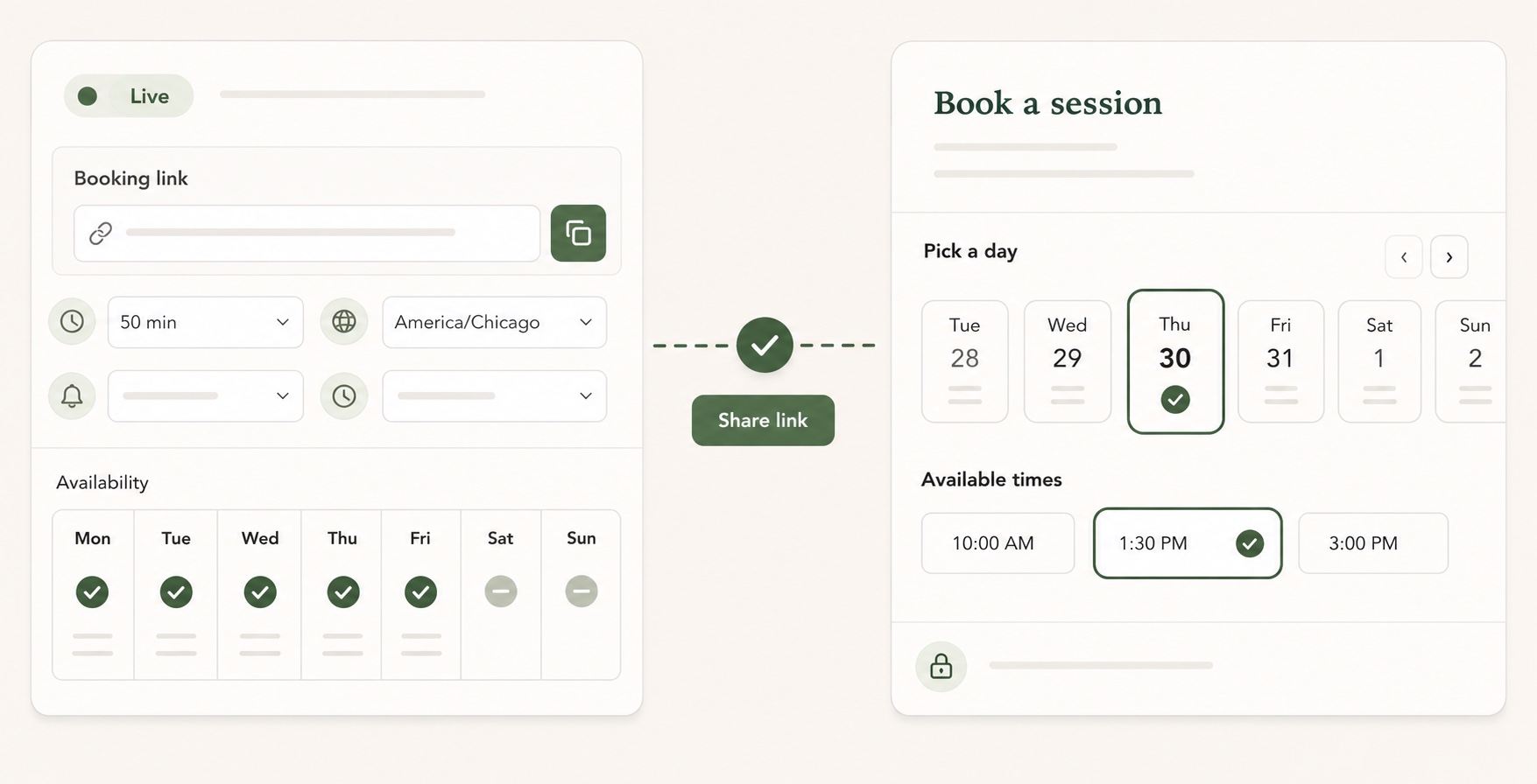 Therapist publishes weekly availability and shares a booking link so a client can select an open date and session time